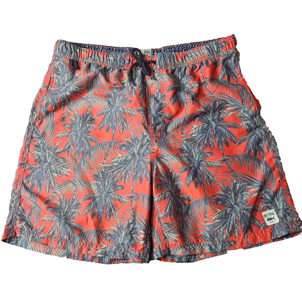 Spicy Tuna Men's Large Lined Drawstring & Pockets Swim Trunks Palm Trees Shorts
